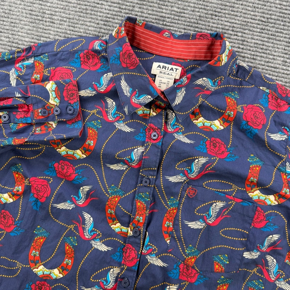 Ariat REAL Kirby Stretch Western Shirt Womens 2X Navy Tattoo Rose Horseshoe